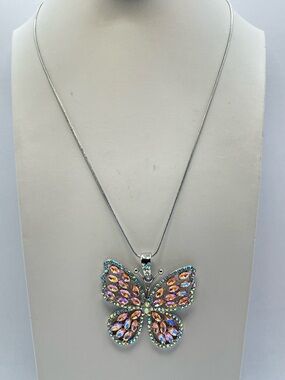 Silver Tone AB Crystal Butterfly Statement Necklace Iridescent Rhinestone